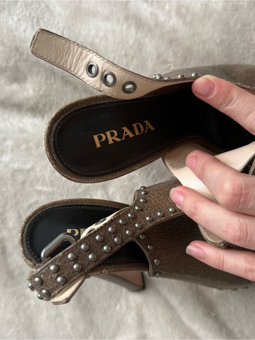 Prada Metallic Taupe Studded Peep-Toe Slingback Heels - Picture 6 of 6